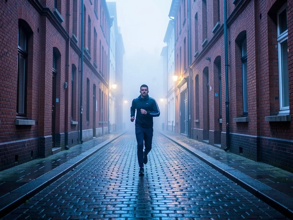 Rue pavée de Lille au lever du jour avec un coureur matinal