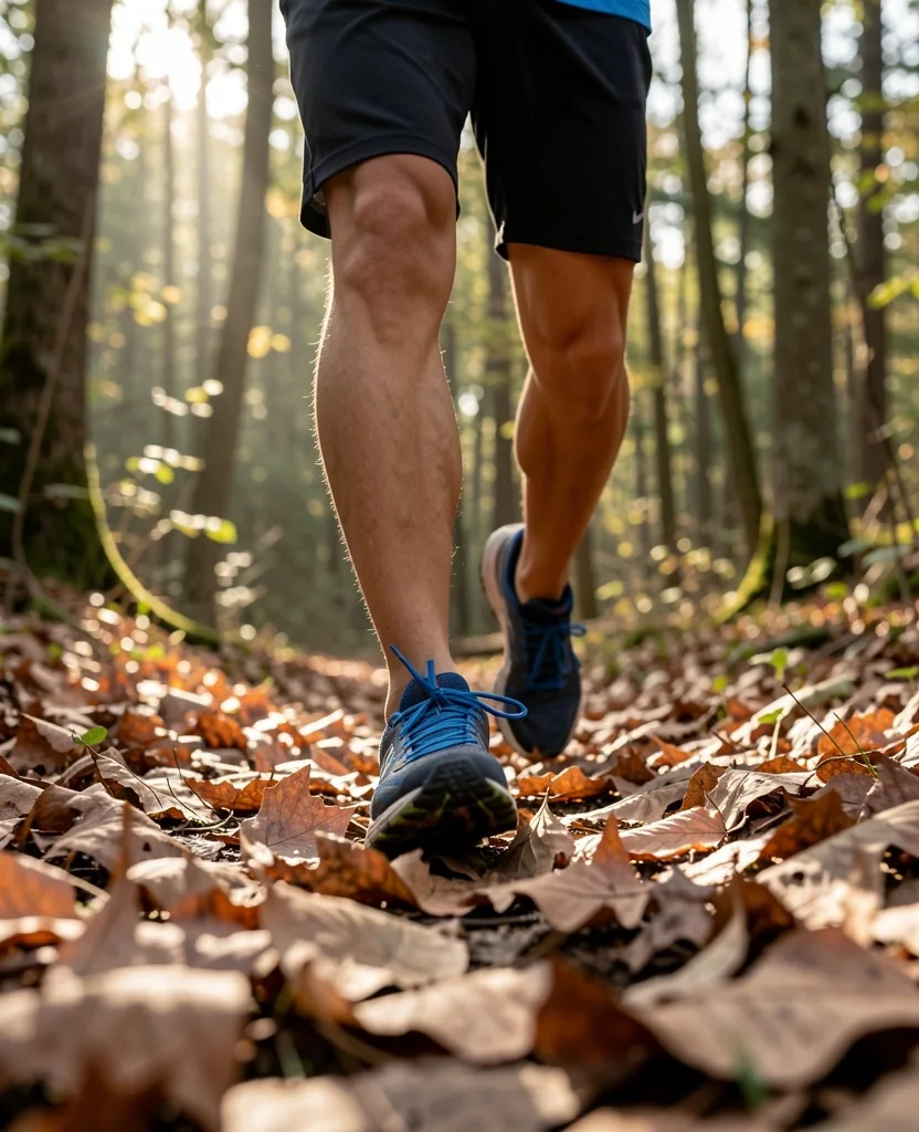 Personne marchant sur un sentier forestier à l'aube