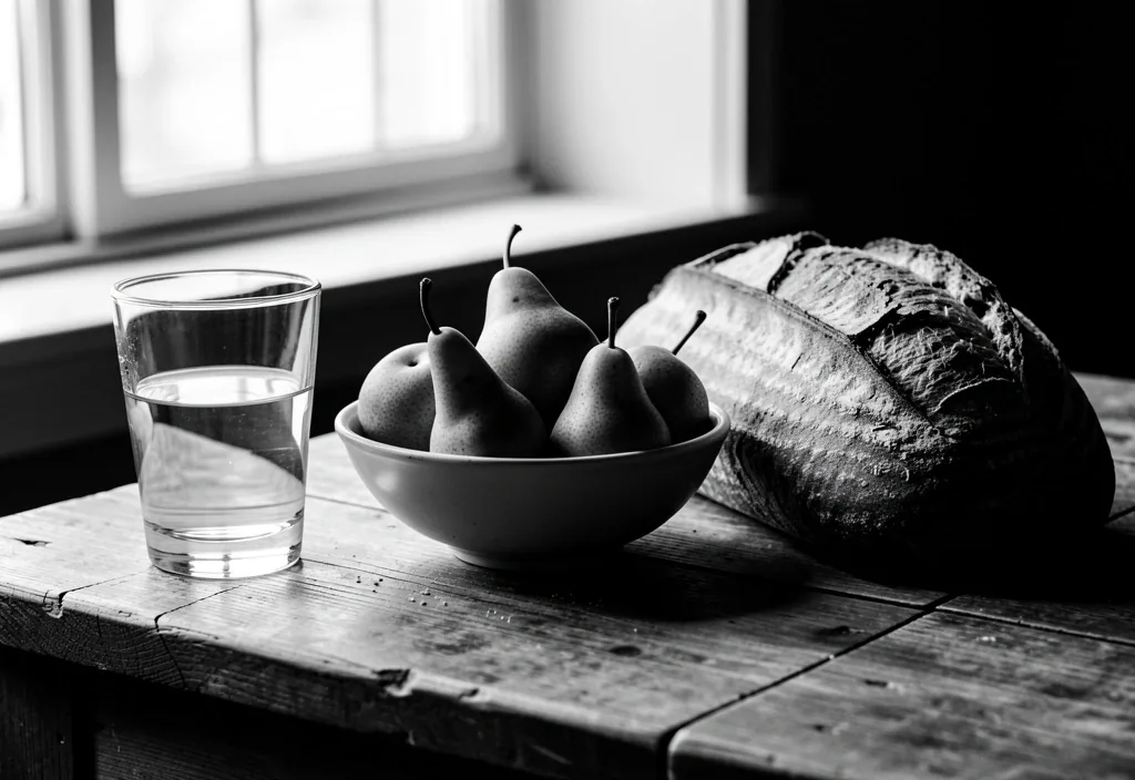 Table rustique avec fruits de saison et verre d'eau