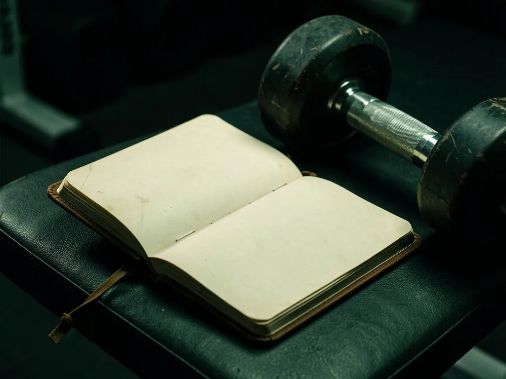 Carnet d'entraînement ouvert sur un banc de musculation