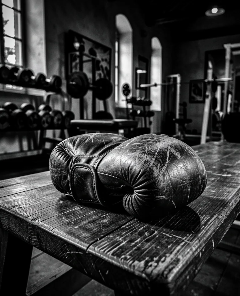 Gants de boxe en cuir sur un banc d'entraînement
